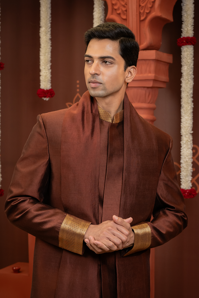 Raivat — Deep Brown Gold Brocade Border Chiniya Pattu Sherwani