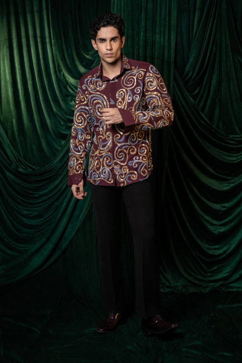 Vortex — Burgundy Hand Embroidered 4-Way Stretch Shirt