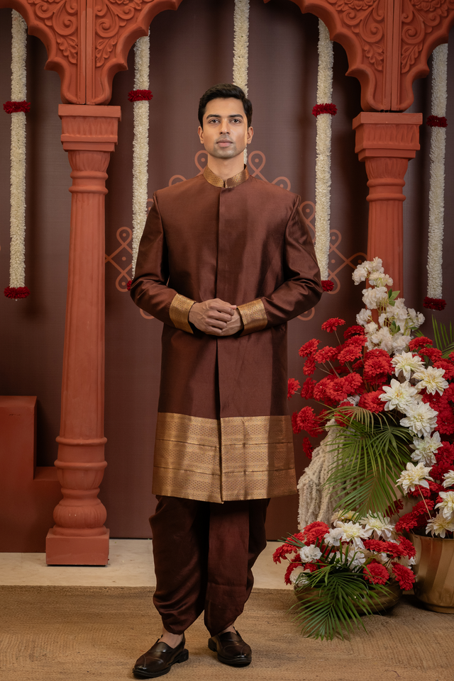 Raivat — Deep Brown Gold Brocade Border Chiniya Pattu Sherwani