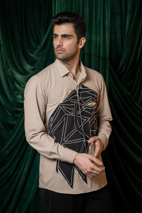 Persona β Beige Hand Embroidered 4-Way Stretch Shirt