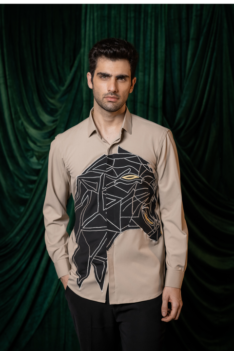 Persona β Beige Hand Embroidered 4-Way Stretch Shirt