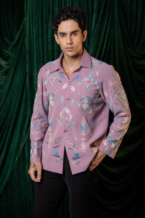 Foliage β Dusty Mauve Hand Embroidered Armani Fabric Shirt