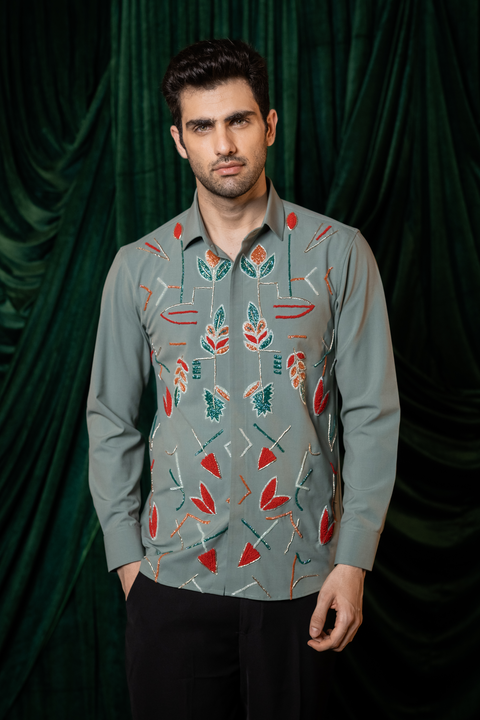 Vireo — Olive Hand Embroidered 4-Way Stretch Shirt
