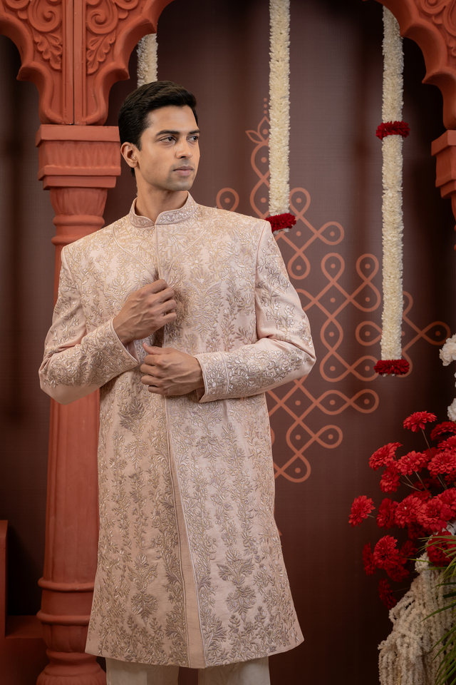Zohair — Powder Pink Hand Embroidered Tonal Floral Jaal Falling Raw Silk Sherwani