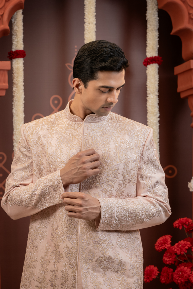 Zohair — Powder Pink Hand Embroidered Tonal Floral Jaal Falling Raw Silk Sherwani