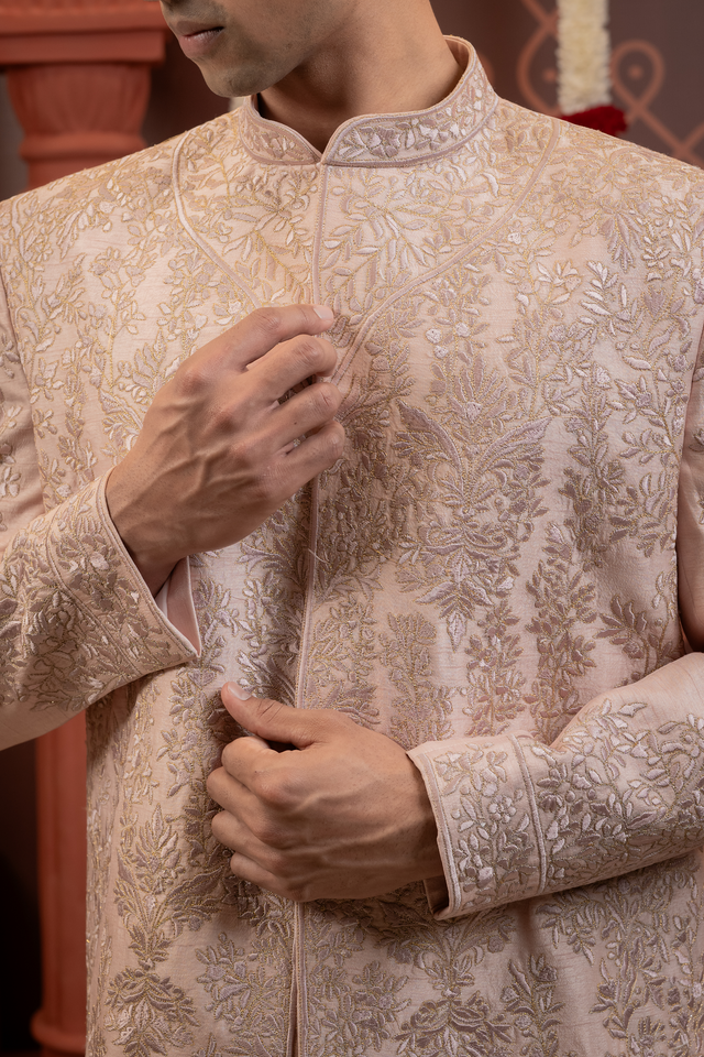 Zohair — Powder Pink Hand Embroidered Tonal Floral Jaal Falling Raw Silk Sherwani