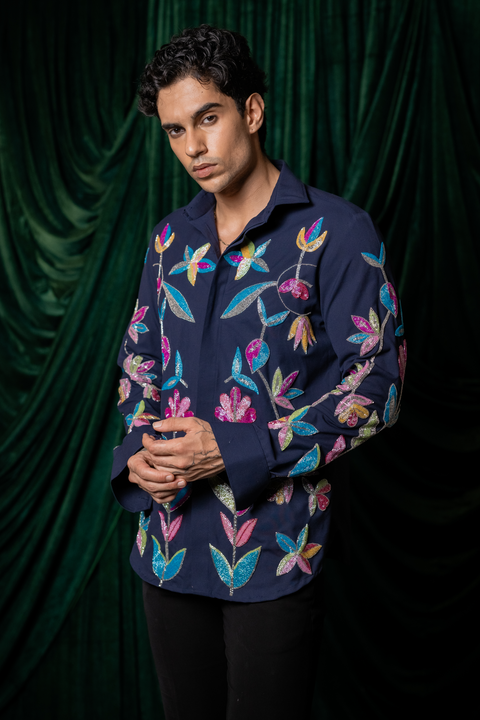 Nightbloom — Midnight Blue Hand Embroidered 4-Way Stretch Shirt