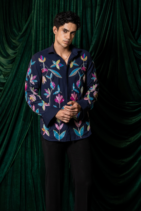 Nightbloom — Midnight Blue Hand Embroidered 4-Way Stretch Shirt