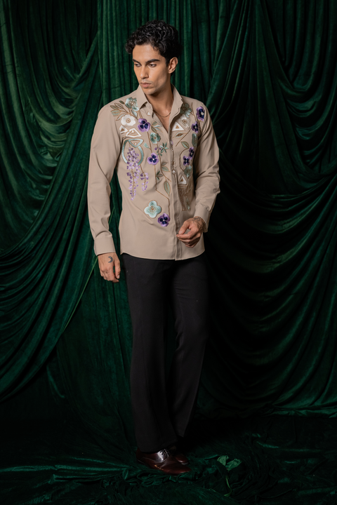 Lattice — Beige Thread Embroidered 4-Way Stretch Shirt
