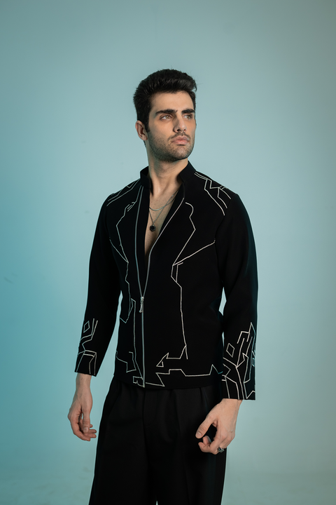 Contour — Black Architectural Embroidered Armani Fabric Shacket