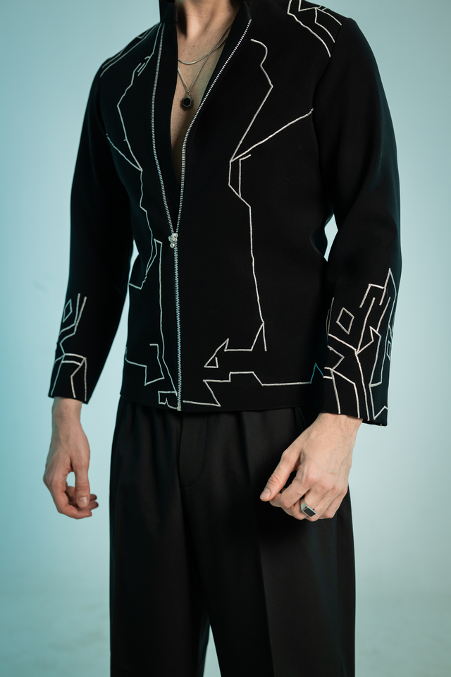 Contour — Black Thread Embroidered Armani Fabric Shacket