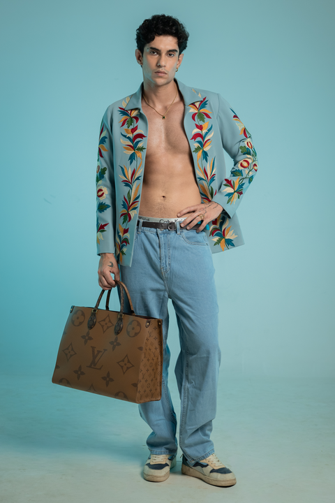 Halcyon — Sky Blue Thread Embroidered Armani Fabric Shacket