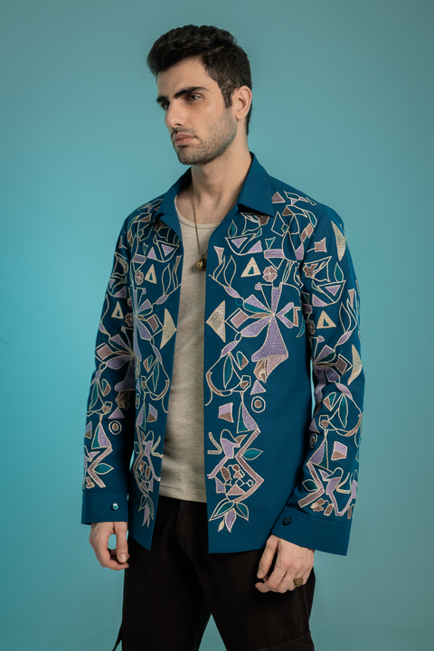 Savio — Sea Blue Thread Embroidered 4-Way Stretch Shacket