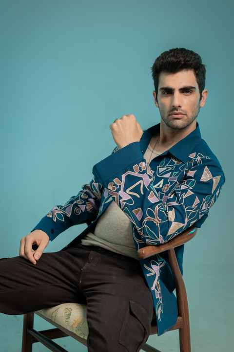 Savio â Sea Blue Thread Embroidered 4-Way Stretch Shacket