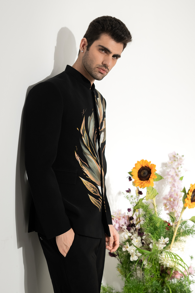 Brushline — Black Hand Painted Armani Fabric Bandhgala