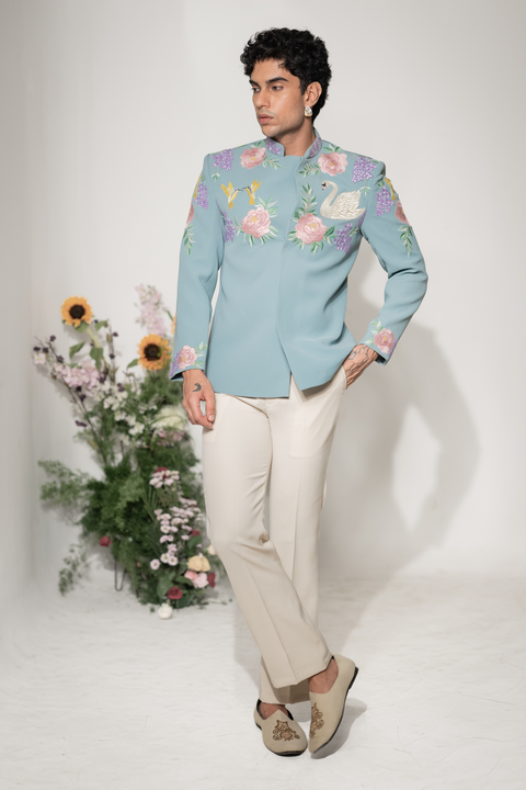 Swan Royale — Sea Blue Thread Embroidered Armani Fabric Bandhgala