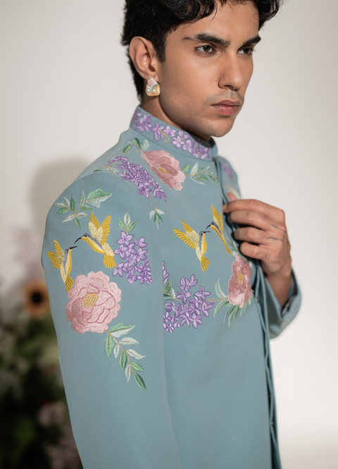 Swan Royale — Sea Blue Thread Embroidered Armani Fabric Bandhgala