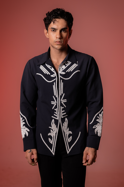 Botan β Midnight Blue Hand Embroidered 4-Way Stretch Shirt