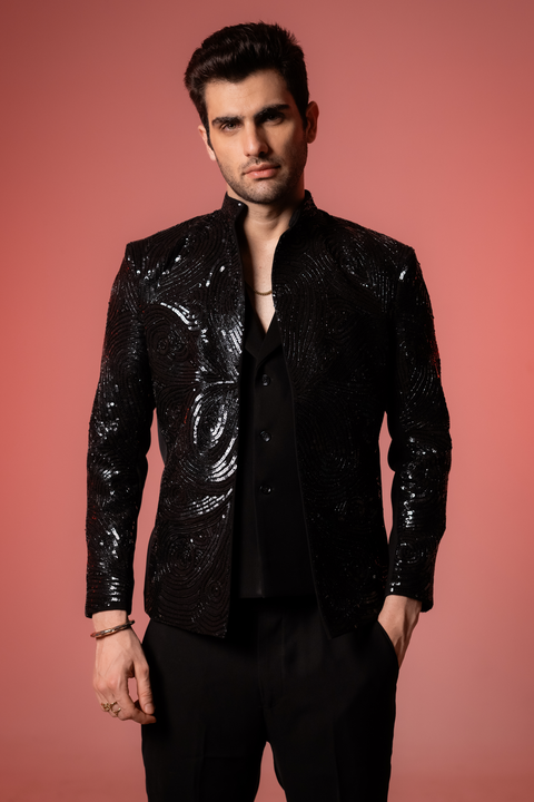 Glitz — Black Sequin Embroidered Armani Fabric Bling Blazer Set