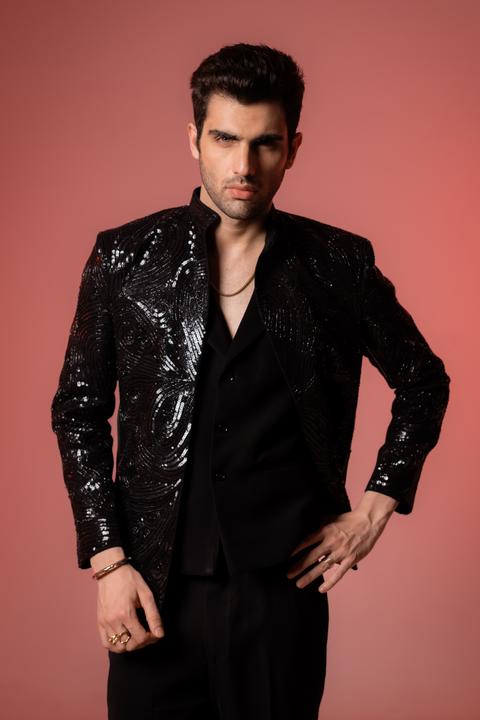Glitz — Black Sequin Embroidered Armani Fabric Bling Blazer Set