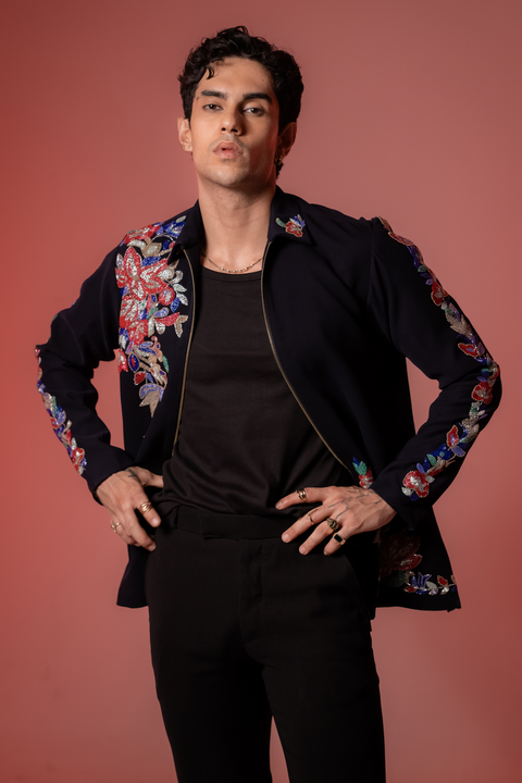 Roman — Midnight Blue Hand Embroidered Armani Fabric Shacket