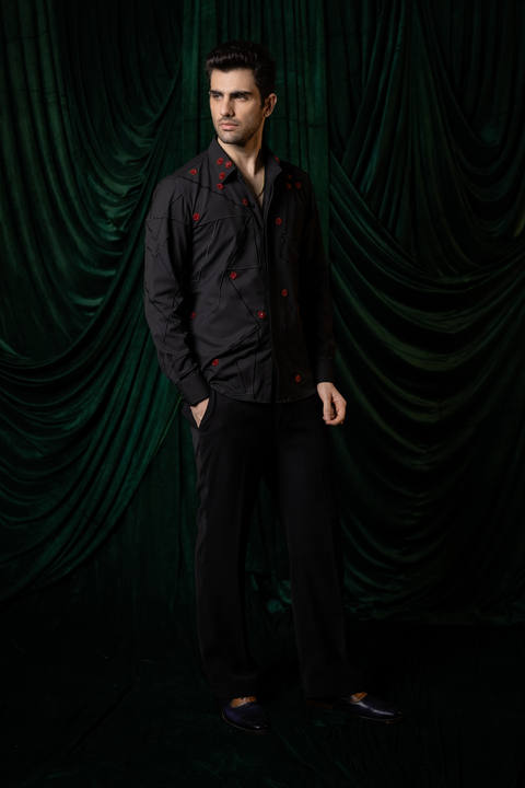 Zyra — Black Hand & Thread Embroidered 4-Way Stretch Shirt