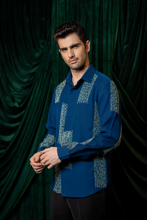 Mosaic — Teal Hand Embroidered Premium Shirt