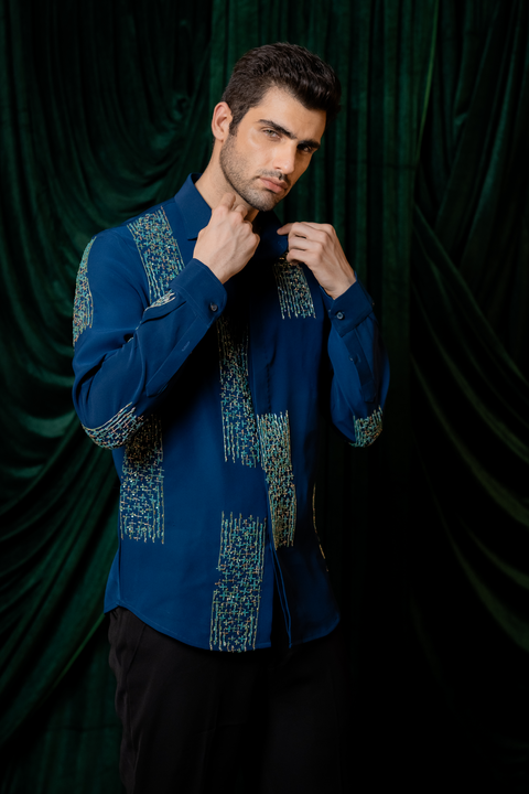 Mosaic — Sea Blue Hand Embroidered Armani Fabric Shirt