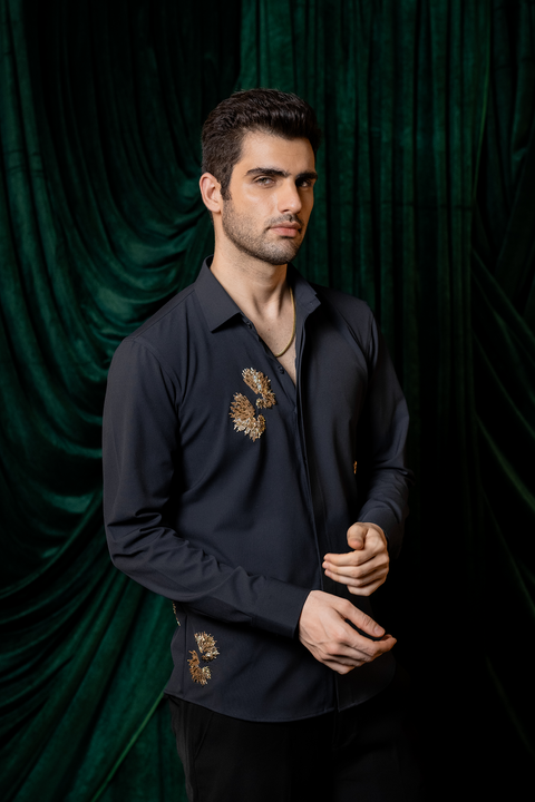 Embers — Navy Gold Burst Embroidered 4-Way Stretch Shirt