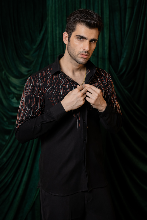 Waveform — Black Hand Embroidered Armani Fabric Shirt