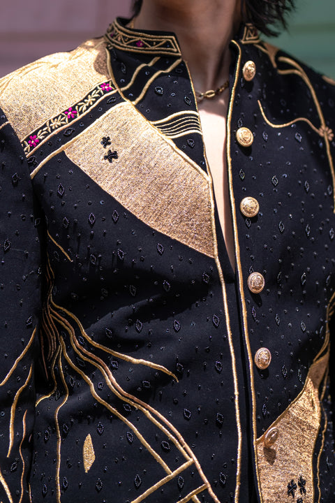 Raahi β Black Hand Embroidered British Fabric Indo-Western