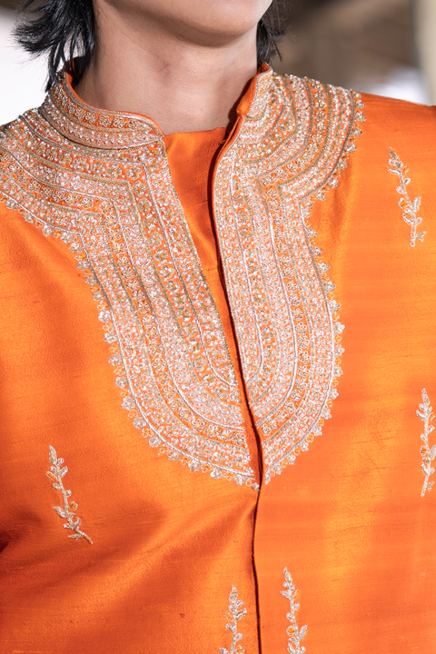 Zafran — Saffron Hand Embroidered Raw Silk Sherwani Set