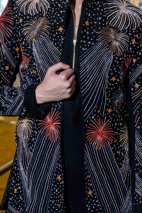 Fireveil β Black Hand Embroidered Armani Fabric Sherwani Set
