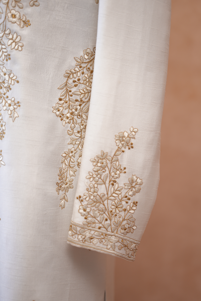 Latika — White Tonal Floral Vine Thread Embroidered Falling Raw Silk Sherwani