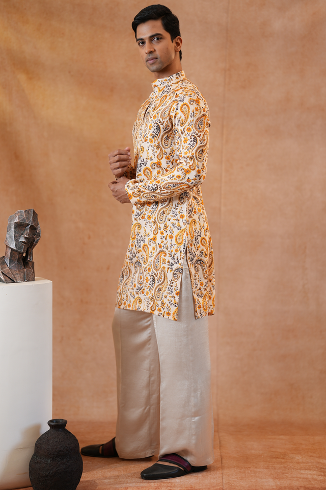 Ambi — Cream Mughal Paisley Printed Falling Raw Silk Kurta