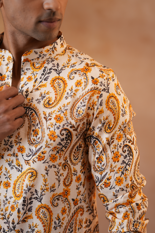 Ambi — Cream Mughal Paisley Printed Falling Raw Silk Kurta