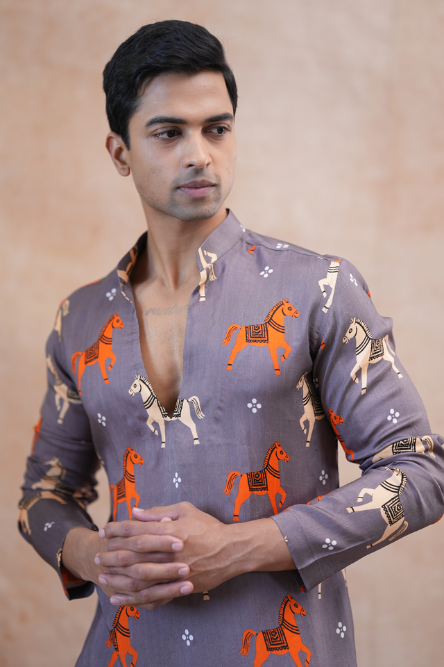 Ashva — Dusty Grey Prancing Horse Printed Falling Raw Silk Kurta