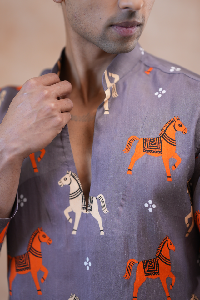 Ashva — Dusty Grey Prancing Horse Printed Falling Raw Silk Kurta