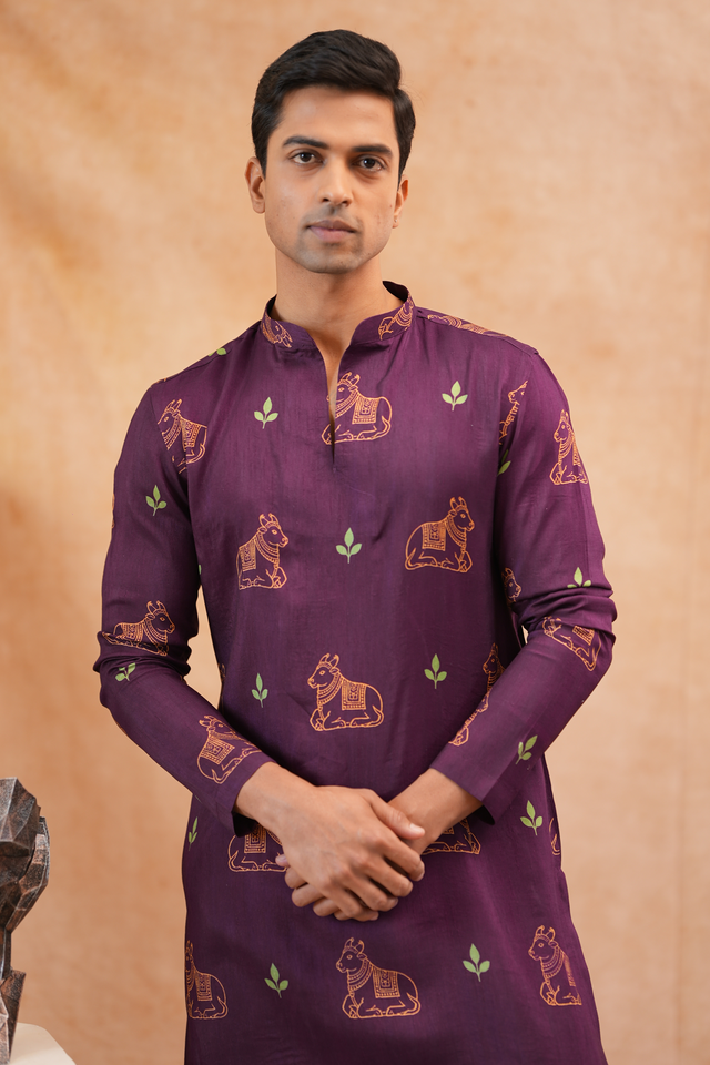 Nandi — Deep Plum Pichwai-Inspired Nandi Printed Falling Raw Silk Kurta