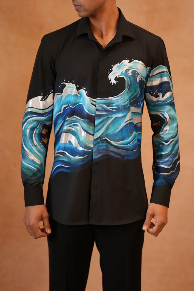 Sagar — Black Hand Painted Hokusai-Inspired Ocean Wave 4-Way Stretch Shirt