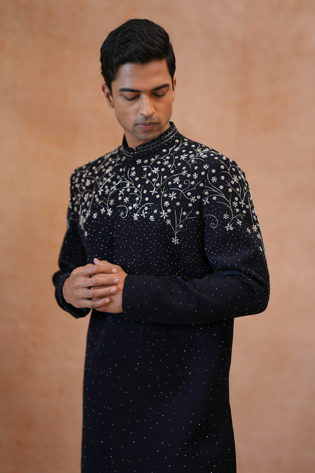 Timir — Black Hand Zardozi, Bead & Sequin Embroidered British Sherwani