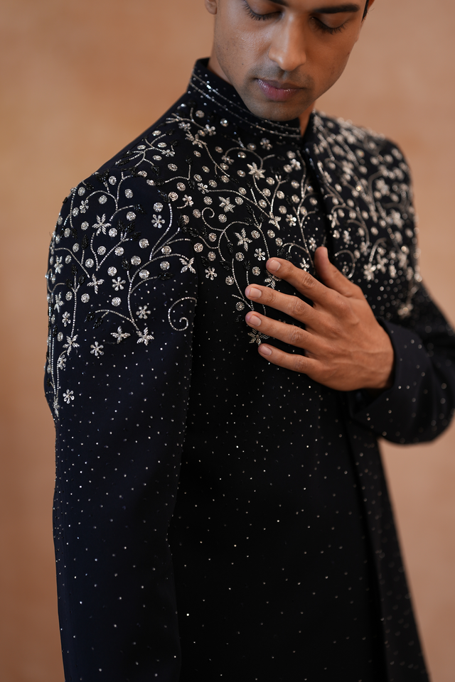 Timir — Black Hand Zardozi, Bead & Sequin Embroidered British Sherwani