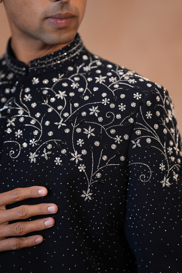 Timir — Black Hand Zardozi, Bead & Sequin Embroidered British Sherwani