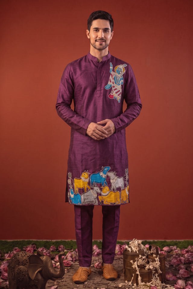 Murali Varnam — Purple Thread Embroidered Linen Satin Kurta