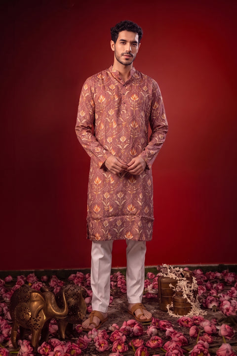 Amaya — Dusty Mauve Printed Falling Raw Silk Kurta