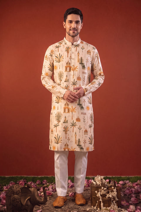 Varun— Cream Printed Falling Raw Silk Kurta