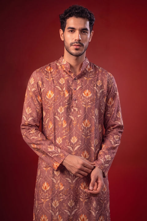 Amaya — Dusty Mauve Printed Falling Raw Silk Kurta