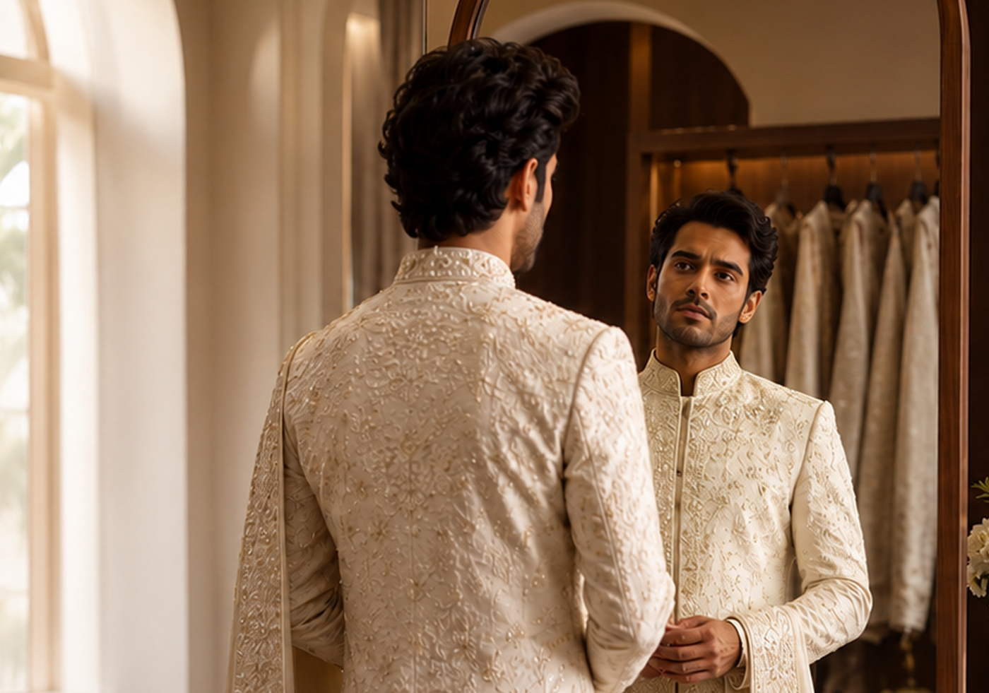 Man being fitted in a handcrafted ivory sherwani at the HILO Design studio