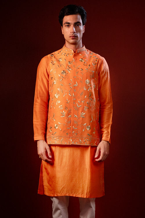 Dhew — Orange Hand Embroidered Falling Raw Silk Nehru Jacket Set