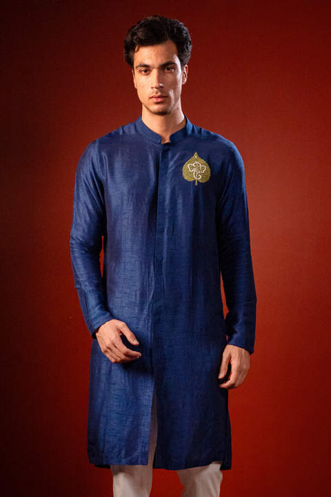 Durja β Navy Thread Embroidered Falling Raw Silk Kurta